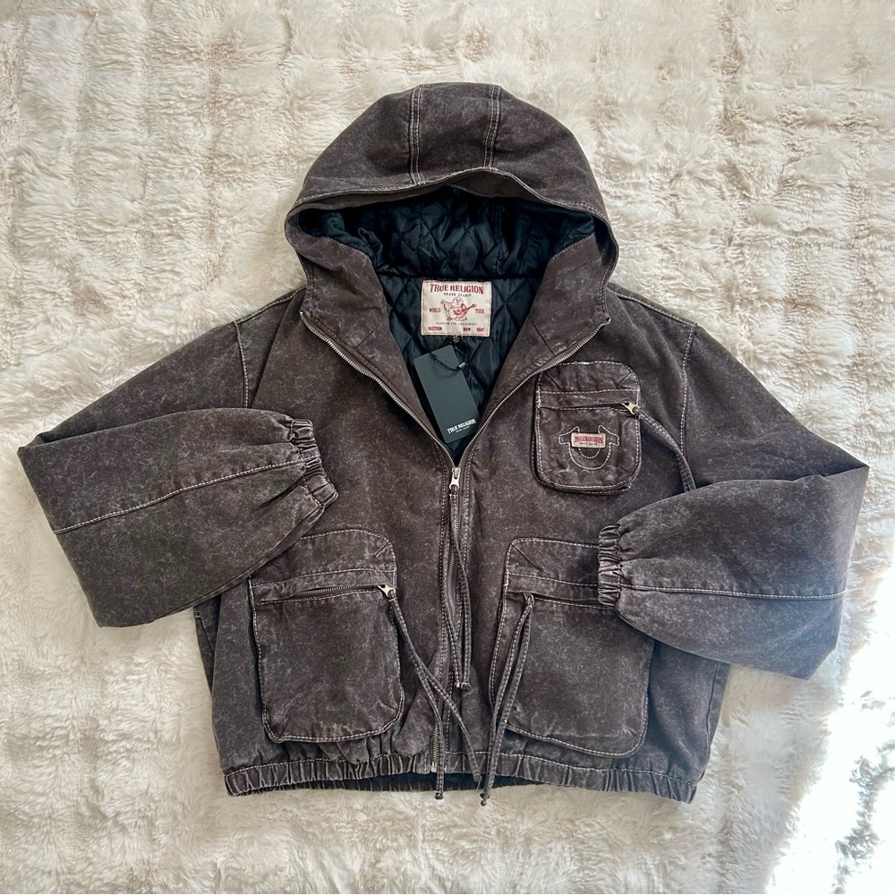 True Religion Brown Acid Wash Big T Cinched Hooded WRKWR Jacket Size Men’s Small